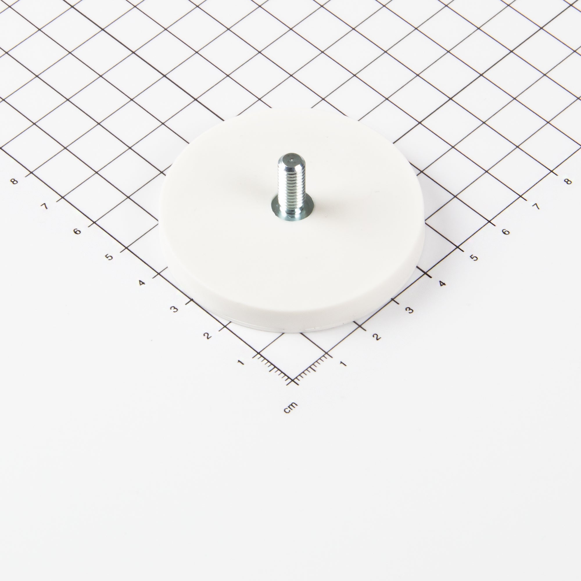 Gummierter weißer Magnet Ø57x7,6mm mit Gewindezapfen M6