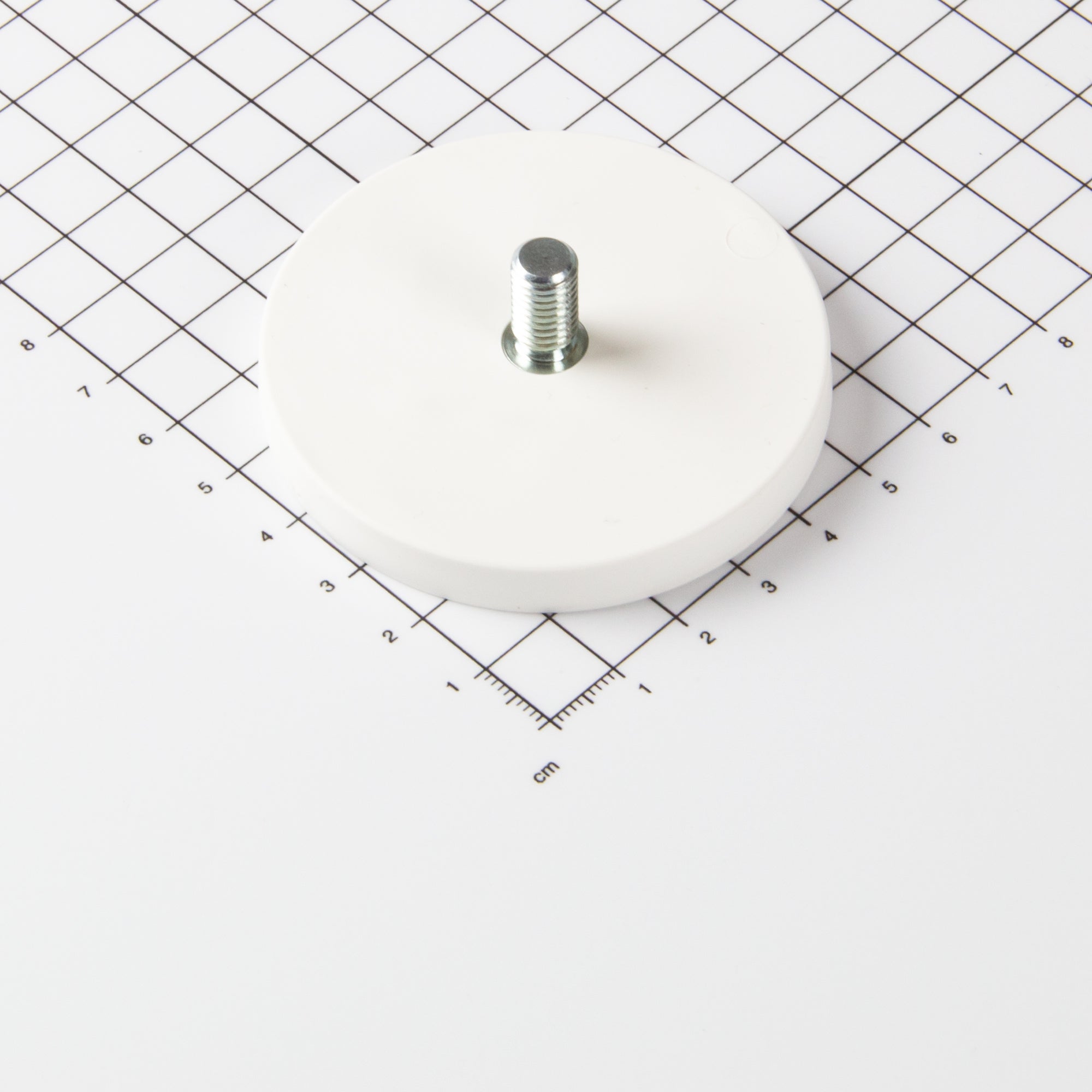 Gummierter weißer Magnet Ø66x8,5mm mit Gewindezapfen M8