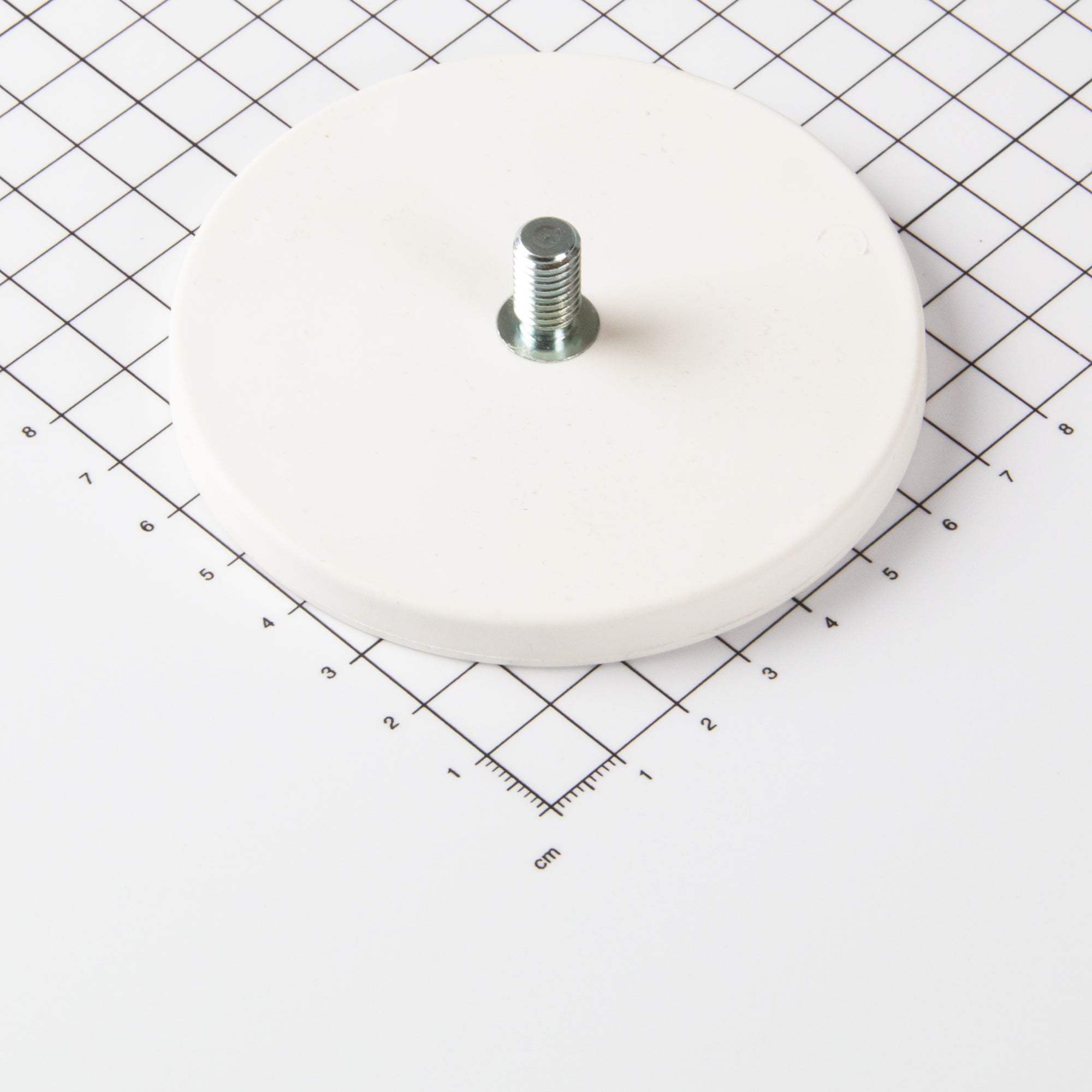 Gummierter weißer Magnet Ø88x8,5mm mit Gewindezapfen M8
