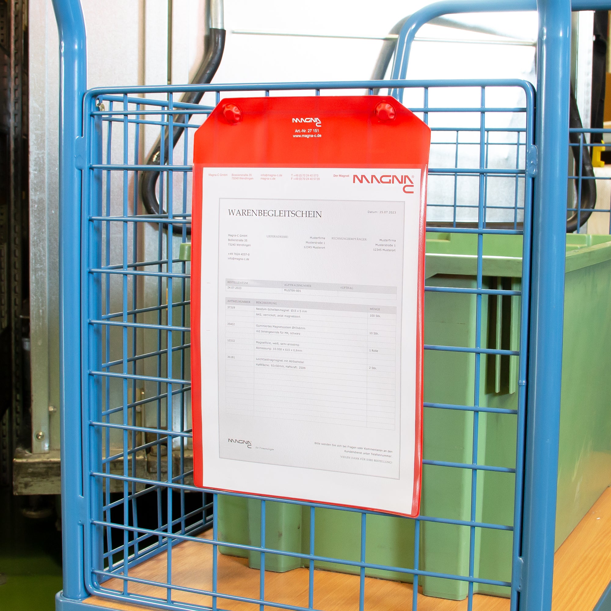 Magnettasche rot 220x300mm mit Neodym-Magneten für DIN A4 an Gitterbox