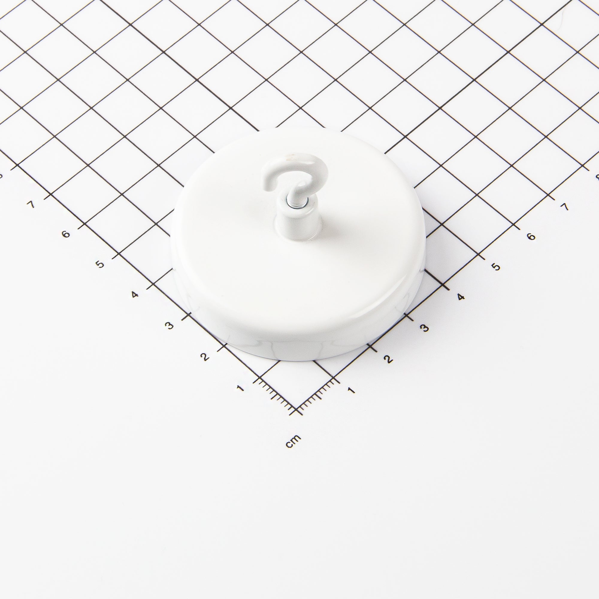 Weißer Ferrit Flachgreifer mit Gewindebuchse M6 Ø50x22mm mit Haken